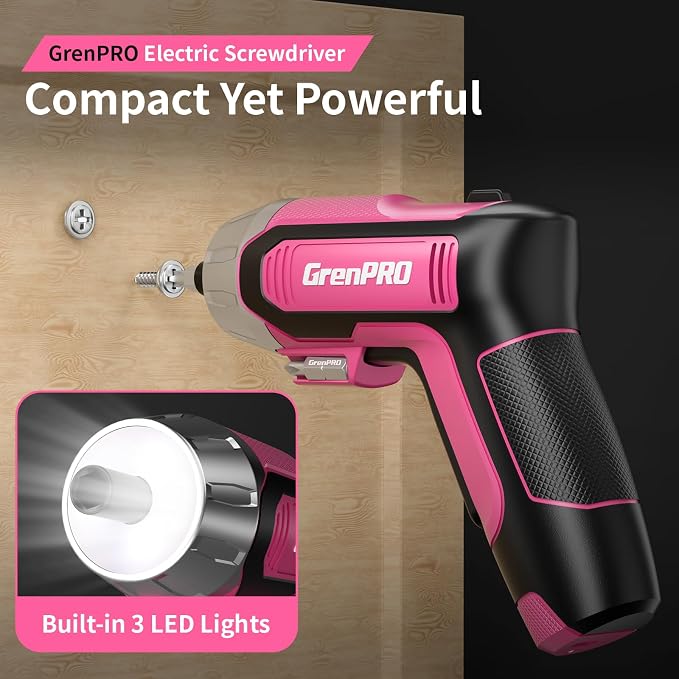 GRENPRO 4V Cordless Electric Screwdriver Set 29-Piece, Pink | Built-In Non-Removable Battery Charges via USB, Not Sold Separately, Included Bits Support Home Repairs and Assembly