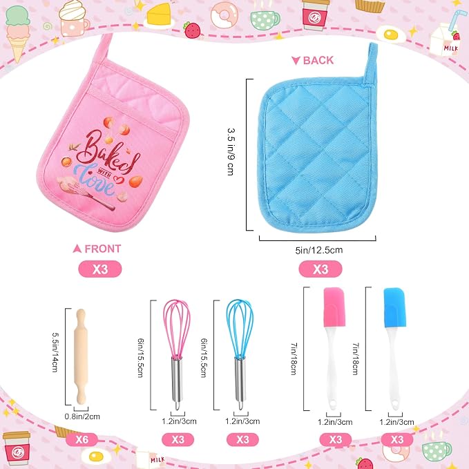 RoundFunny 24 Pcs Kids Mini Baking Supplies with Kitchen Utensil, Pot Holders, Spatula, Rolling Pin, Whisk for Kids Classroom School Exchange Party Favors (Small)