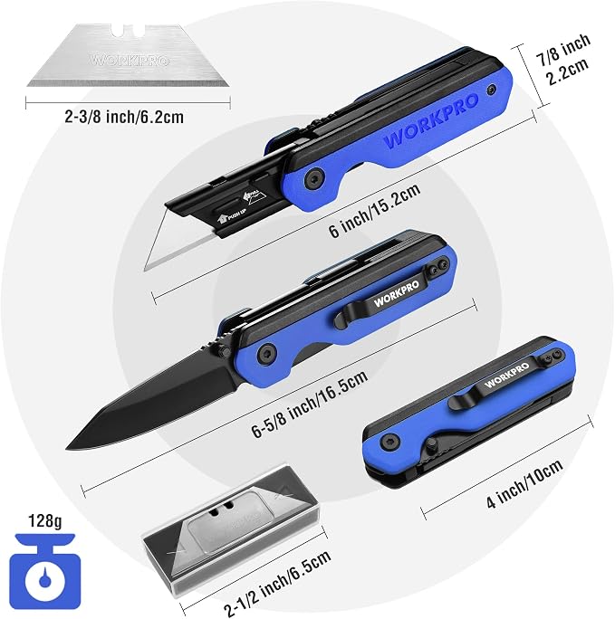 WORKPRO 2-in-1 Folding Knife/Utility Knife, Wood Handle, Blue G10 Handle | Quick-Change Box Cutter, Liner Lock, Belt Clip, 10 SK5 Blades, Carton Cutting, Camping, Hiking, Outdoor, DIY Projects