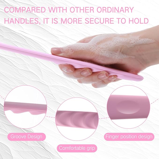 Sunnyray 2 Pack Silicone Back Scrubber for Shower with 15" Long Handle Double-Sided Bath Body Brush for Exfoliating Easy to Clean Quick Dry Deep Cleaning Lathers Well(Pink,Black)