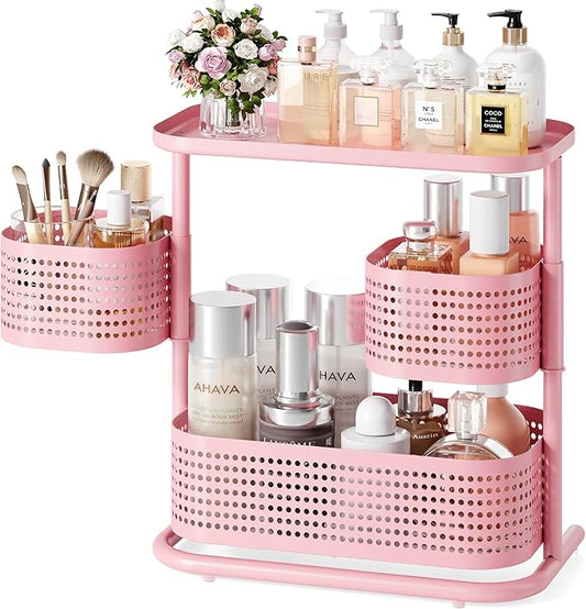 KINGRACK 3 Tier Pink Bathroom Counter Organizer, Rotating Makeup Organizer for Vanity, Perfume & Skincare Standing Shelf, Vanity Tray for Bathroom Countertop Storage, Pink