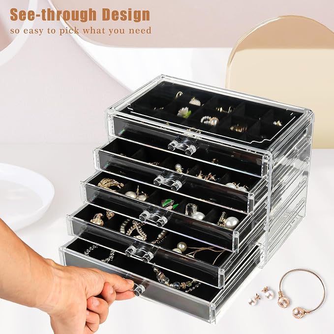 GUOER Earring Organizer, Acrylic Jewelry Box with 5 Drawers for Women,Black | Clear Earring Holder Organizer Box, Stud Earring Ring Display Storage Case Large, Adjustable Velvet Trays Girls Gifts