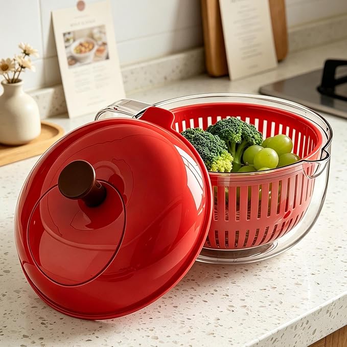 Salad Spinner, Hand Cranked Fruit Washing Spinner with Handle, Multifunctional Fruit and Vegetable Washing Bowl with Drain Basket, Reusable Salad Dehydrator Drainer for Home Kitchen