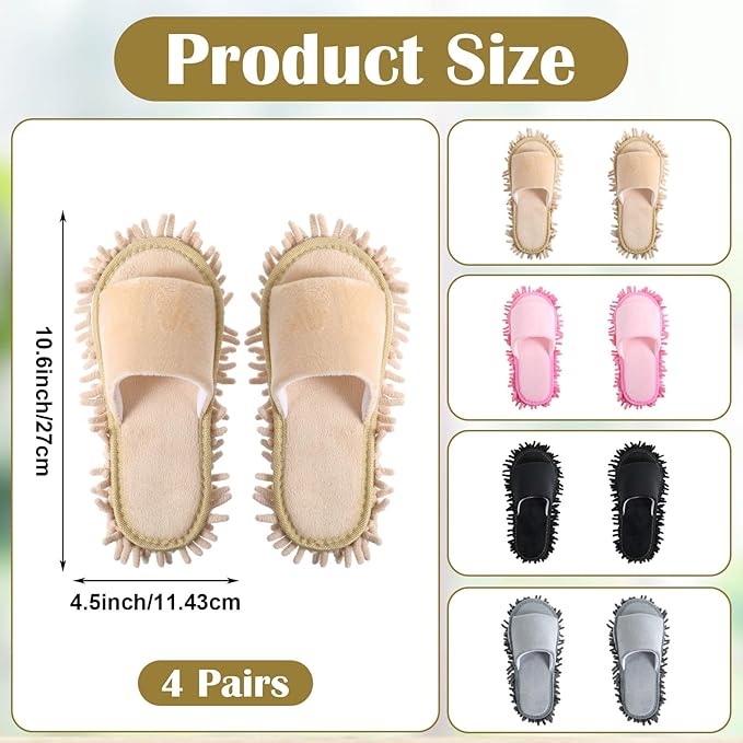 4-Pair Washable Microfiber Cleaning Mop Slippers, Unisex Dusting Slippers with Detachable Design for Effortless Floor Cleaning (Medium, Black, Beige, Pink, Gray)