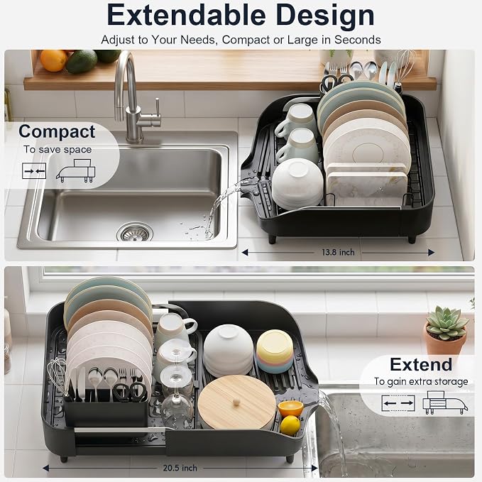 PULIDIKI Dish Drying Rack, Expandable Dish Rack for Kitchen Counter, Stainless Steel Dish Drainer with Utensil Holder, Kitchen Plate Organizer for Cup and Bottle