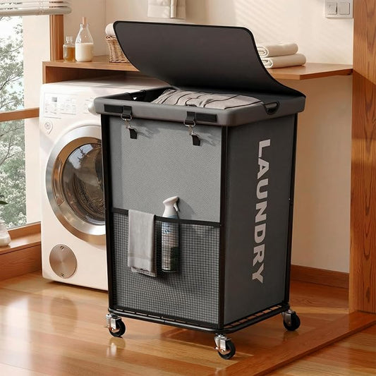 Laundry Hamper with Wheels and Lid, 150L Large Rolling Laundry Basket Gray | Heavy Duty Clothes Organizer, Sturdy Metal Frame, Lockable Swivel Casters, Removable Bag, For Bedroom, Bathroom, Laundry Room