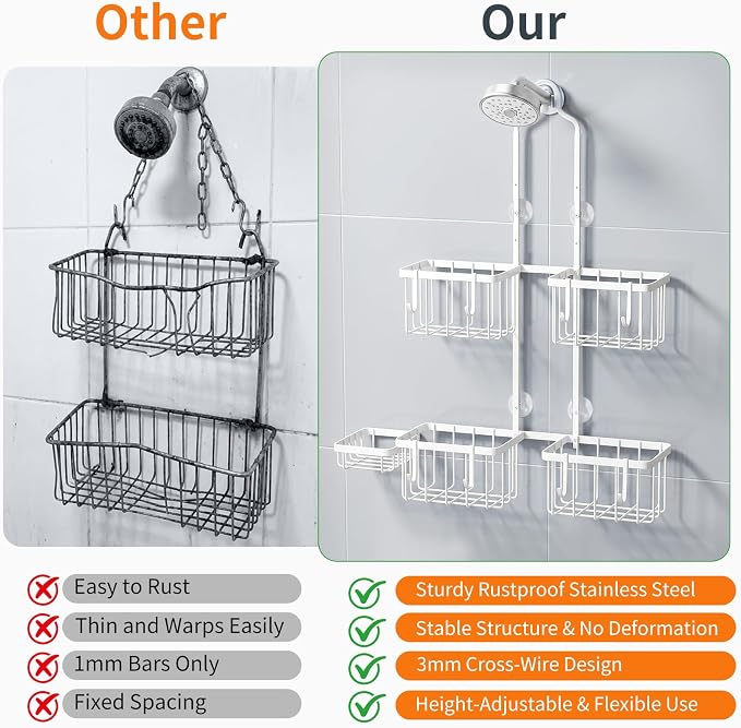 Luxspire Shower Caddy Hanging for Handheld Shower Heads,Rustproof Adjustable Shower Rack Hanger,Stainless Steel Bathroom Shower Organizer and Storage for Shampoo with Hook Soap Toothbrush Holder,White