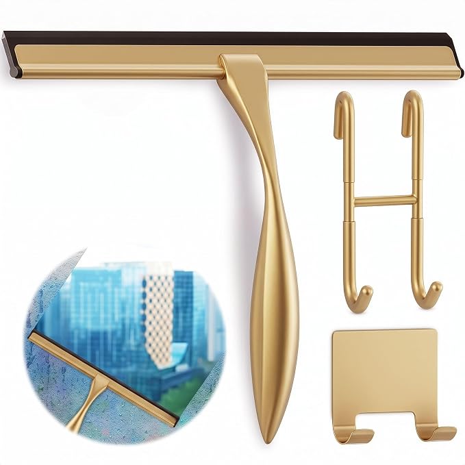 Shower Door Squeegee with Hook - 14" Silicone Blade, Stainless Steel Gold Squeegee for Shower Glass with Adhesive Mount - All-Purpose Bathroom Tile, Mirror, & Window Wiper for Streak-Free Cleaning