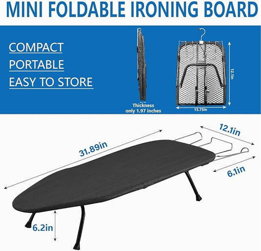Metal Mesh Panel Tabletop Ironing Board with Iron Rest, Portable Ironing Board Small with Heat Resistant Cotton, Mini Iron Board for Small Space, 31.5x11.8x6.2IN, Black