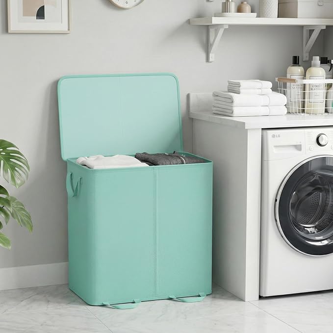 Lifewit Double Laundry Hamper with Lid and Removable Laundry Bags, Large Collapsible 2 Dividers Dirty Clothes Basket with Handles for Bedroom Laundry Room Closet Bathroom College, 136L Sage Green