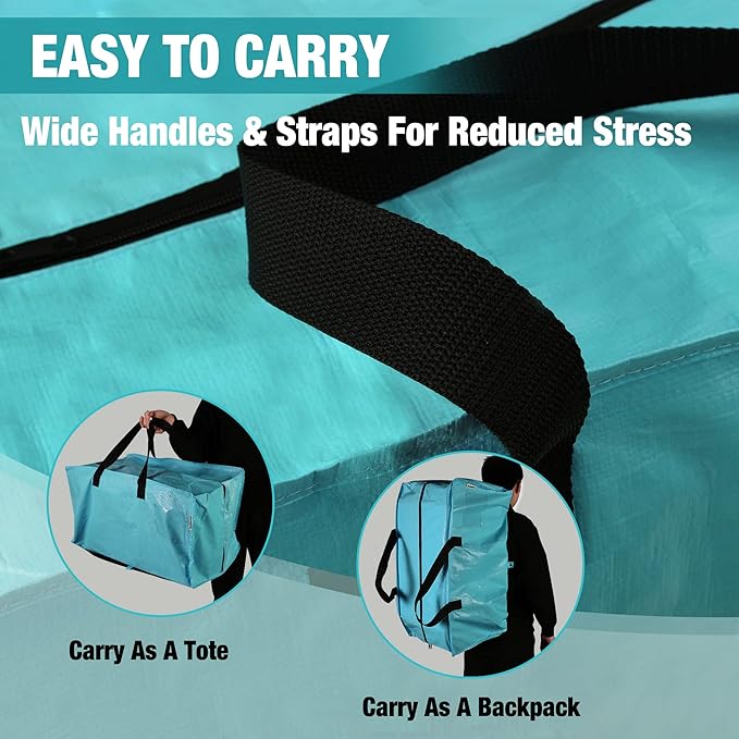 WORKPRO 6 Pack Extra Large Moving Bags with Backpack Straps & Handles | Heavy Duty Moving Storage Bags, Blue, Double Zippers for Moving, Dorm, Closet Storage, Travel & Space Saving