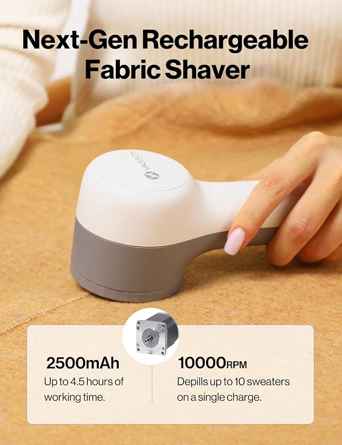 VASSON Fabric Shaver, Sweater Shavers to Remove Pilling, High-Perf Defuzzer, Rechargeable Electric Lint Shaver for Fuzz and Lint Balls from Clothing, Upholstery (Greyish White) | Upgraded Battery Life & Type-C Fast Charge，2-Speed Fuzz Remover
