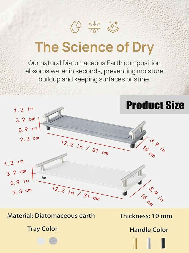 Instant Dry Sink Caddy Organizer,Diatomaceous Earth Bathroom Organizer with Handle Water Absorbing Stone Tray for Sink Water Absorbent Diatomite Coasters (L White Gold Handle)