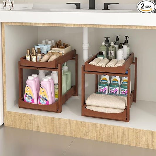 Bamboo Under Sink Organizer and Storage, 2 Pack Pull Out Cabinet Organization, 2 Tier Vertical Slide Out Undersink Storage Shelf, Multi-Purpose Organizer Shelves for Kitchen Bathroom Medicine