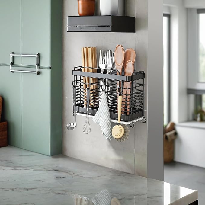 Utensil Holder, Stainless Steel Utensil Drying Rack with Drain Tray, Kitchen Counter Drainer Basket Silverware Cutlery Flatware Holder Forks, Knives, Spoons, Chopsticks Organizer (Black)