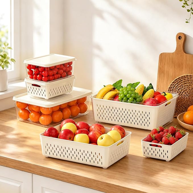 JSCARES Fruit Storage Containers for Fridge with Soft Lid - 4 Pack Food Storage Container with Removable Colander, Airtight Produce Saver Containers Keep Berry, Fruits, Vegetables, Meet Fresh Longer