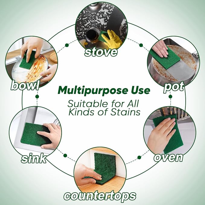 HOMEXCEL Heavy Duty Scouring Pad, 24 Pack Green Scrubbing Pads, Dish Scrubber Reusable for Cleaning, Multipurpose Scrub Pads for Household Kitchen Dishes Pots Pans & Metal Grill