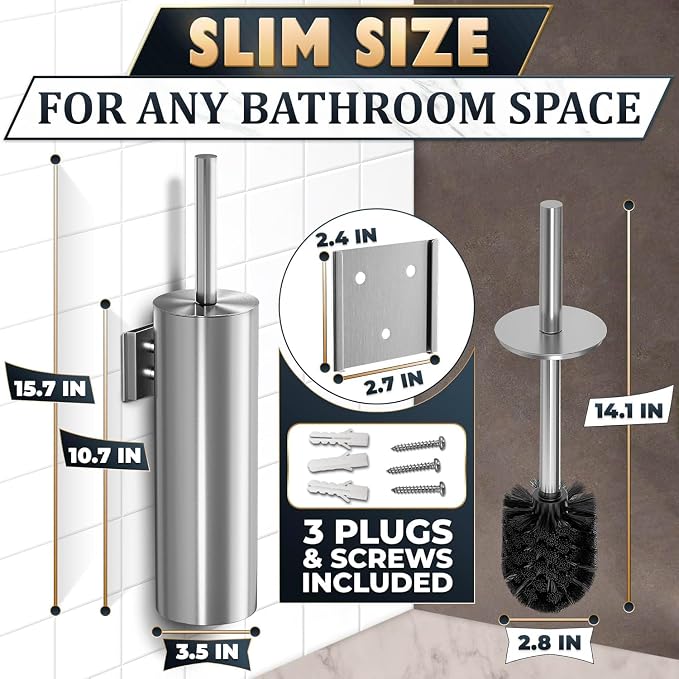 Silver Modern Toilet Brush and Holder Set with Wall Mount - Stainless Steel Toilet Brush with Holder - Removable Inner Bowl, Shiny Design, Splash Protection & Dense Bristles for Bathroom Cleaning