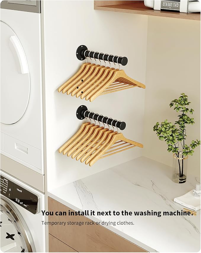 Metal Wall Mounted Clothes Rack, Aluminium Alloy Clothing Rack for Hanging Garments Wardrobe, Bedroom, Closet Organisation and Storage, Black Color 12 Inches 2 Packs for Floating Shelves