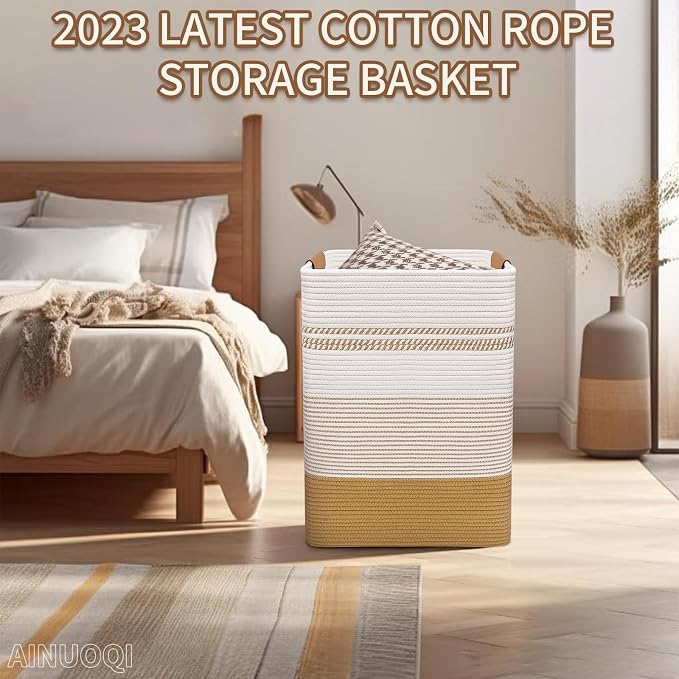 Large Laundry Hamper Basket, 85L Cotton Rope Woven Storage Bin for Blankets, Dirty Clothes Toys, Decorative Tall Basket with Leather Handles for Living Room, Bedroom, Bathroom, Nursery, Jute