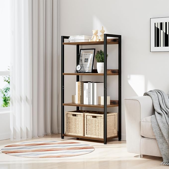 NUMENN Bookshelf, 4 Tier Freestanding Shelving Unit, Vintage | Metal Frame & Wood Shelves, Falling Prevention Baffle, Open Storage Bookcase for Bedroom, Living Room & Home Office
