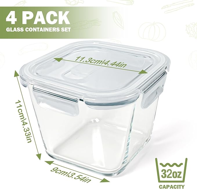 Borosilicate Glass Soup Containers with Lids, 4 Cup/32 oz, 4 Pack | Microwave Dishwasher Oven Freezer Safe | Airtight Leak Proof | Food Grade | Square Soup Meal Prep | Lunch | Food Storage Set