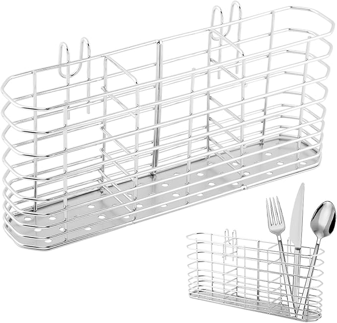Utensil Drying Rack, 304 Stainless Steel Dish Drying Rack with Hook, 3 Divided Compartments Drainage Basket, No Drilling Kitchen Tableware Organizer(Silver)