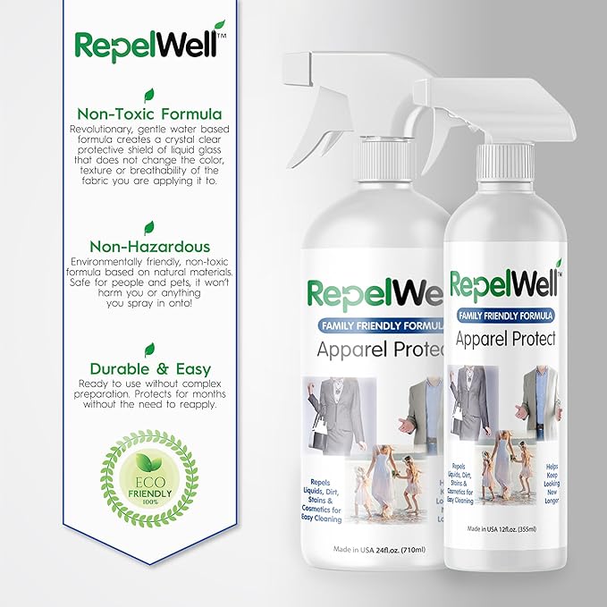 RepelWell Non Toxic Fabric Protector Spray for Clothing & Apparel, 24 oz | Repels water, spills, dirt and everyday stains from clothing and apparel.