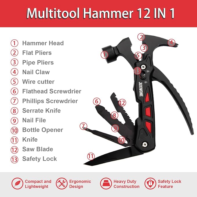 12-in-1 Pocket Knife Multitool with Hammer, Pliers & Screwdriver | Includes a saw, dual safety locks and nylon sheath for secure, organized carry on camping, hiking and DIY trips.
