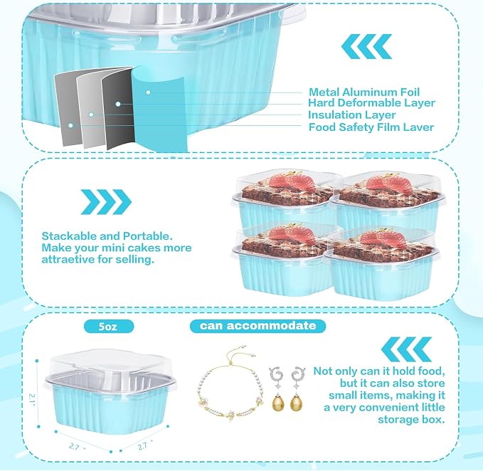 60Pack 5oz Blue Mini Cake Pans with Lids and Spoons Baking Cups Aluminum Foil Pans Tins, Individual Dessert Cups Containers for Sales,Party,Picnics