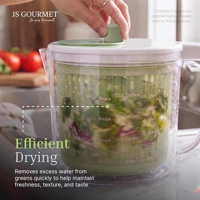 JS Gourmet Salad Spinner – 2.37L (10 Cup), BPA-Free Manual Vegetable Spinner with Strainer Basket, Durable Kitchen Gadget, Easy Spin Dryer Bowl for Lettuce, Fruits & Greens