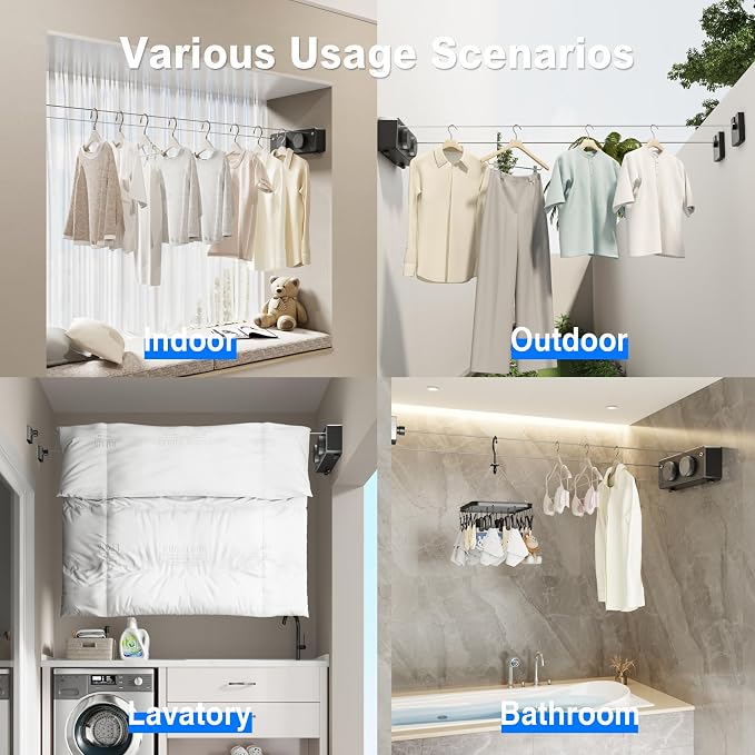 MUSTORN Retractable Twin Clothesline Indoor, Non-Sagging Outdoor Clothes Line Retracting Heavy Duty Clothes Drying Laundry Line Wall Mounted Stainless Steel Line-13.8Feets(Double Line-Black)