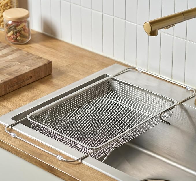 WAGENSTEIGER Extendable Dish Rack with Feet, Vegetable Colander Basket, Stainless Steel Dish or Silverware Drying Rack, Ultimate Kitchen Organizer Over the Sink (14.76 x 10.63 x 3.15 Inches)