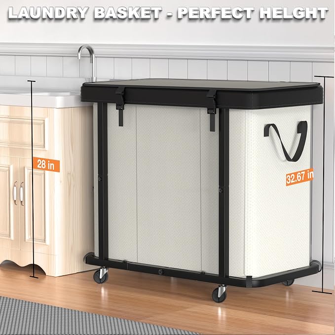 Laundry Basket with Wheels, 230L(60Gal) Laundry Sorter 3 Section - Beige | Leather Patchwork Laundry Hamper, Sturdy Metal Frame, Removable Washable Bag, Tall Clothes Sorter for Bedroom