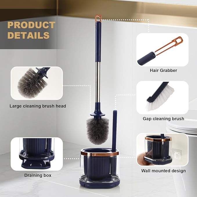 Toilet Bowl Brush and Holder 2 Pack Long Handled Toilet Brush Set for Bathroom with Gap Cleaning Brush and Clip deep Cleaning Wall-Mounted Household 3-in-1 Cleaning Brush Set （Blue）