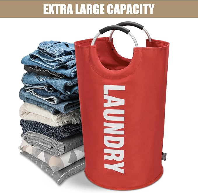 DOKEHOM 90L Large Laundry Basket Bag, Collapsible Tall Hamper, Red | Freestanding tall washing bin & foldable laundry bag. High-capacity clothes storage basket with durable sturdy handles
