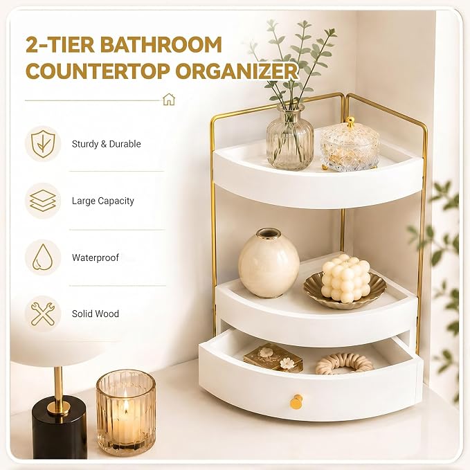 AceOrbit 2-Tier Corner Bathroom Counter Organizer with Drawer, Wood Vanity Countertop Shelf for Skincare, Makeup, Perfume and Toiletry Storage, Space-Saving Bathroom Sink Organizer, White and Gold