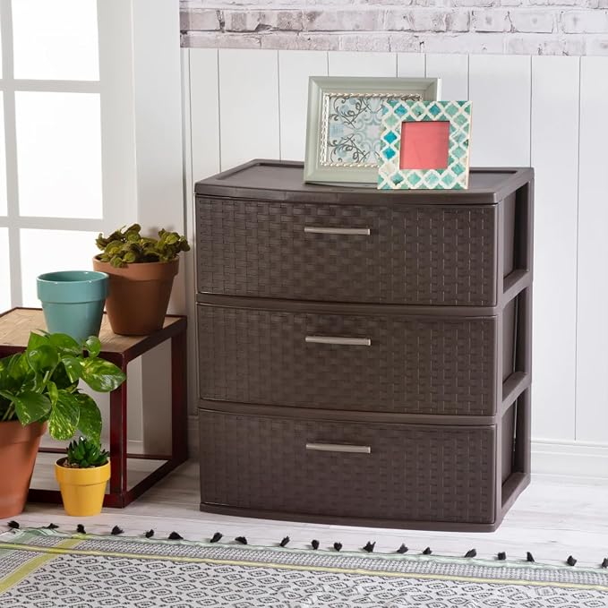 Sterilite 2 Pack 3 Drawer Wide Storage Tower, Weave Organizer, Espresso | Lightweight Opaque Home Organization Container for Bedrooms, Closets, or Bathrooms