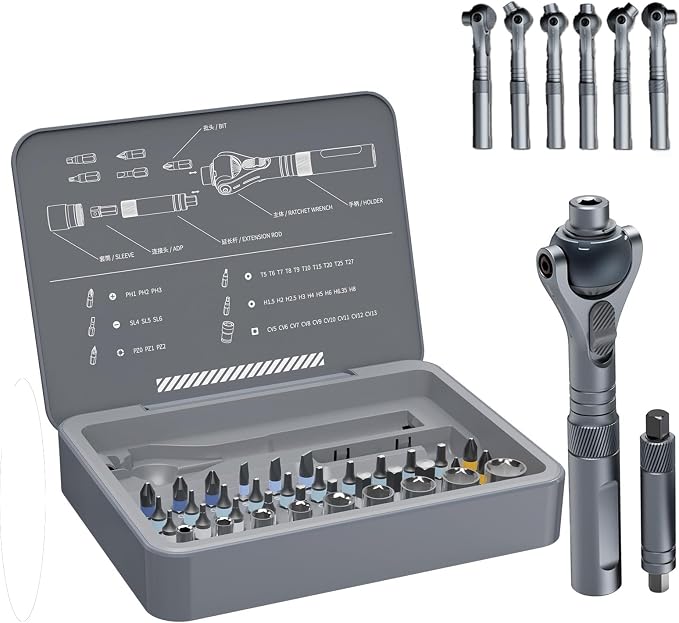 180° Rotating Head Ratchet Wrench Set – HomeMagician 40 in 1 1/4" Drive Socket Set with Quick-Release, 28 S2 Bits & 9 CR-V Sockets for DIY, Bike, Electronics, and Car Repair