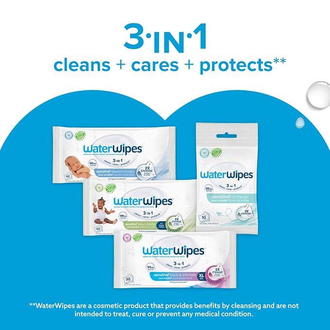 WaterWipes Sensitive+ Newborn & Baby Wipes, 3-In-1 Cleans, Cares, Protects, 99.9% Water, Unscented & Hypoallergenic, 300 Count (5 Packs)