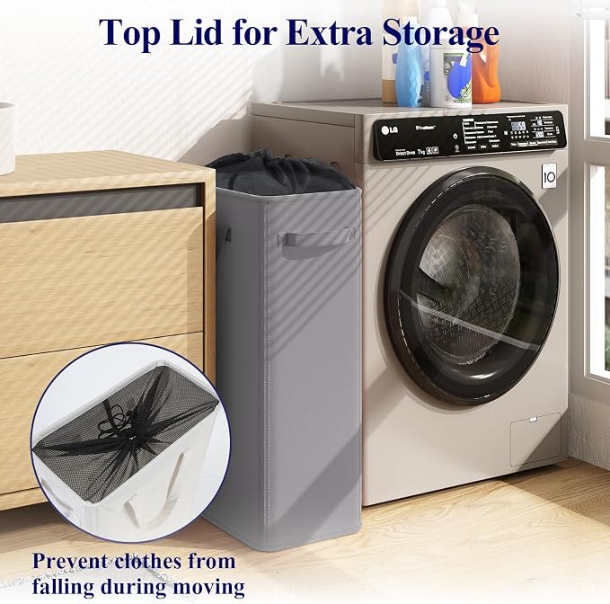 Optish 50L Slim Laundry Hamper, Small Laundry Hamper With Handles, Narrow Laundry Basket for Dorm, Bedroom, Living Room, Collapsible Laundry Basket, Grey