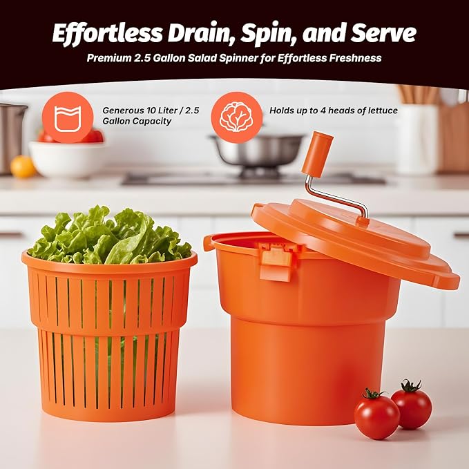Commercial Salad Spinner 2.5 Gal / 10 Qt Heavy Duty Manual Lettuce Dryer with Stainless Steel Shaft, Large Capacity Vegetable Dryer Basket with Brake & Drain System for Restaurant Kitchen & Food Prep