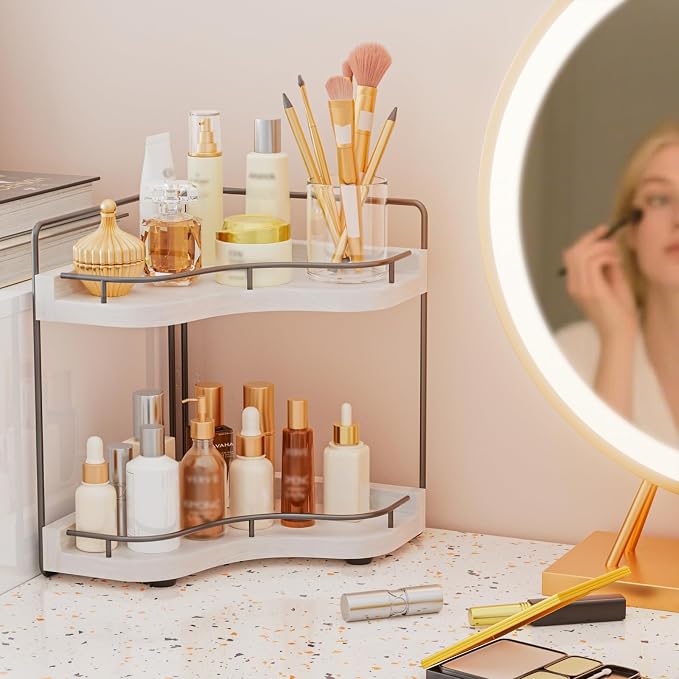 2-Tier Corner Bathroom Counter Organizer, Larger Size | Embedded Screw Holes, Sturdy & Stable, Oversized, Holds More, Vanity Shelf for Makeup & Skincare, White