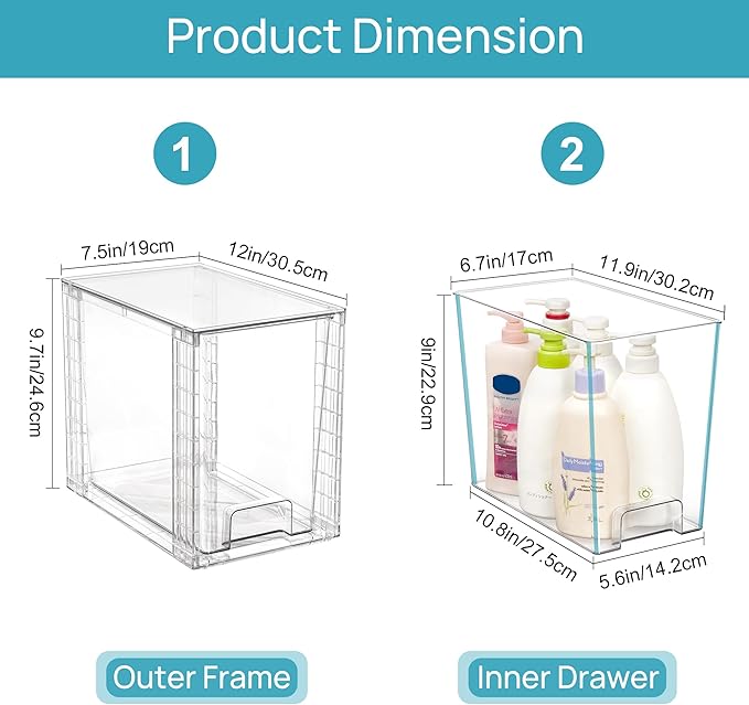 Vtopmart 4 Pack Clear Stackable Storage Drawers,9.7" High Plastic Organizers Bins for Skincare, Bathroom Supplies,Ideal for Cabinet,Undersink,Vanity,Kitchen,Pantry Organization