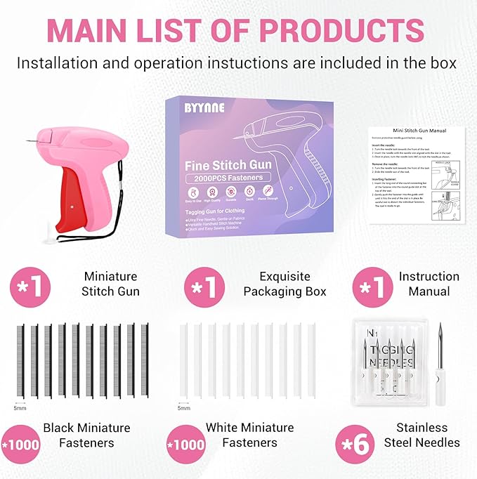 Stitch Gun for Clothes - Handheld Quick Clothing Fixer - Tagging Gun for Clothing, Sewing Kit - Includes 6 Fine Needles, 1000 White & 1000 Black Fasteners (Pink Red)