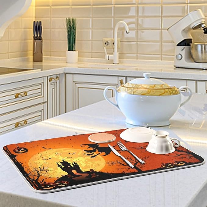 Happy Halloween Fall Pumpkin Witch Dish Drying Mat 18x24 for Kitchen Counter Spooky Castle Bats Trick or Treat Reversible Dishes Draining Mats Large Absorbent Fast Dry Pad Halloween Accessories