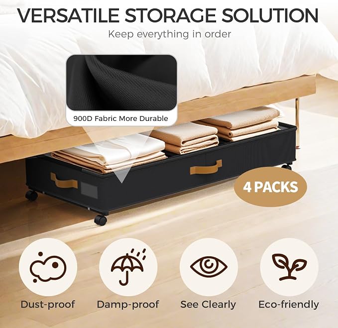 75L 4 Pack Adjustable Under Bed Storage with Wheels | Underbed containers with clear lids, rolling under bed shoe storage organizer for dorm home clothes, blankets, shoes, black