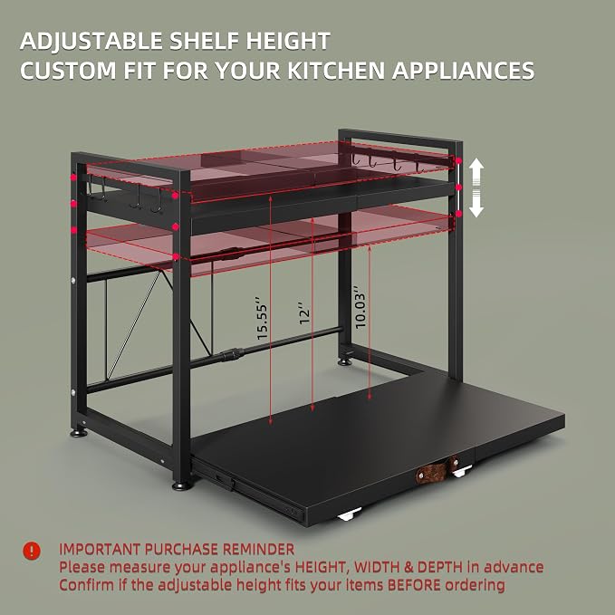 NETEL 2 Tier Expandable Microwave Stand countertop,Microwave Oven Rack | Pull-Out Microwave Shelf, storage shelf for pans &appliances,Adjustable partition height，8 Hooks,55lbs max load,Black