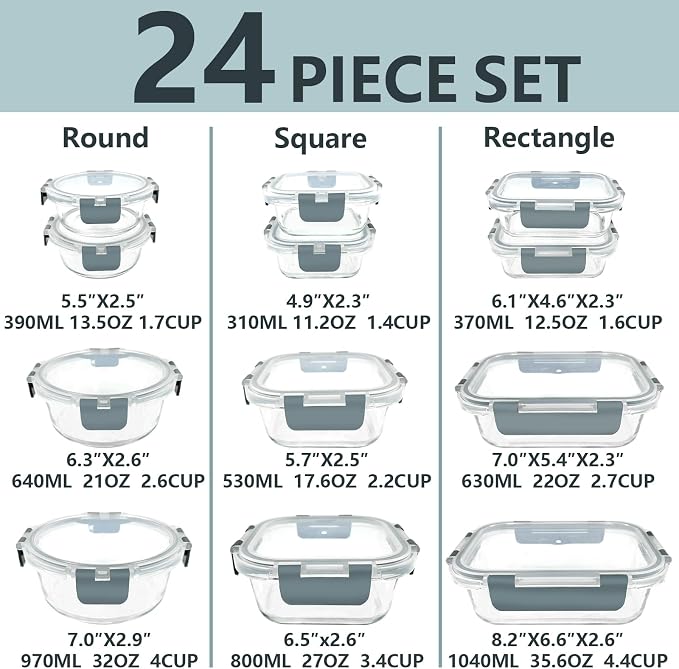 12 Pack Glass Food Storage Container Set with Lids Non Toxic, Stackable Borosilicate Glass Meal Prep Containers, Microwave, Oven, Freezer and Dishwasher Safe (Gray)