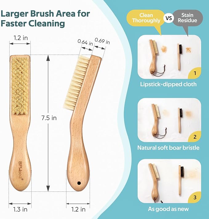 Laundry Stain Brush, Large Natural Soft Boar Bristles, Removes Tough Stains from Delicate Fabrics Like Knits, Cotton, and Linens, Gentle on Fabrics, No Damage
